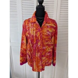 Life Style Top Women's L Vintage Strips Abstract Art Tie Dye Orange Pink Jacket